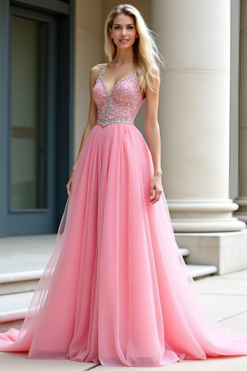 Sparkly Pink Ball Gown Spaghetti Straps Tulle Long Formal Dress with Beading